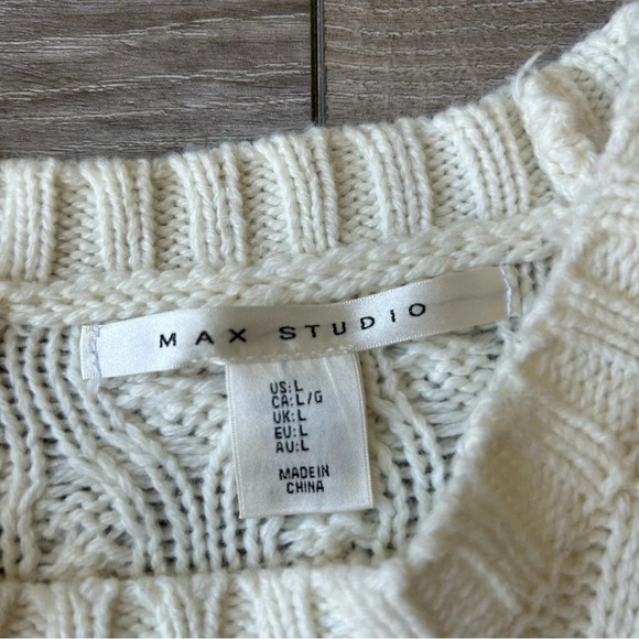 Max Studio Colour  Block Wool Blend Cable Knit Ruffle Sleeve Sweater - Picture 7 of 13